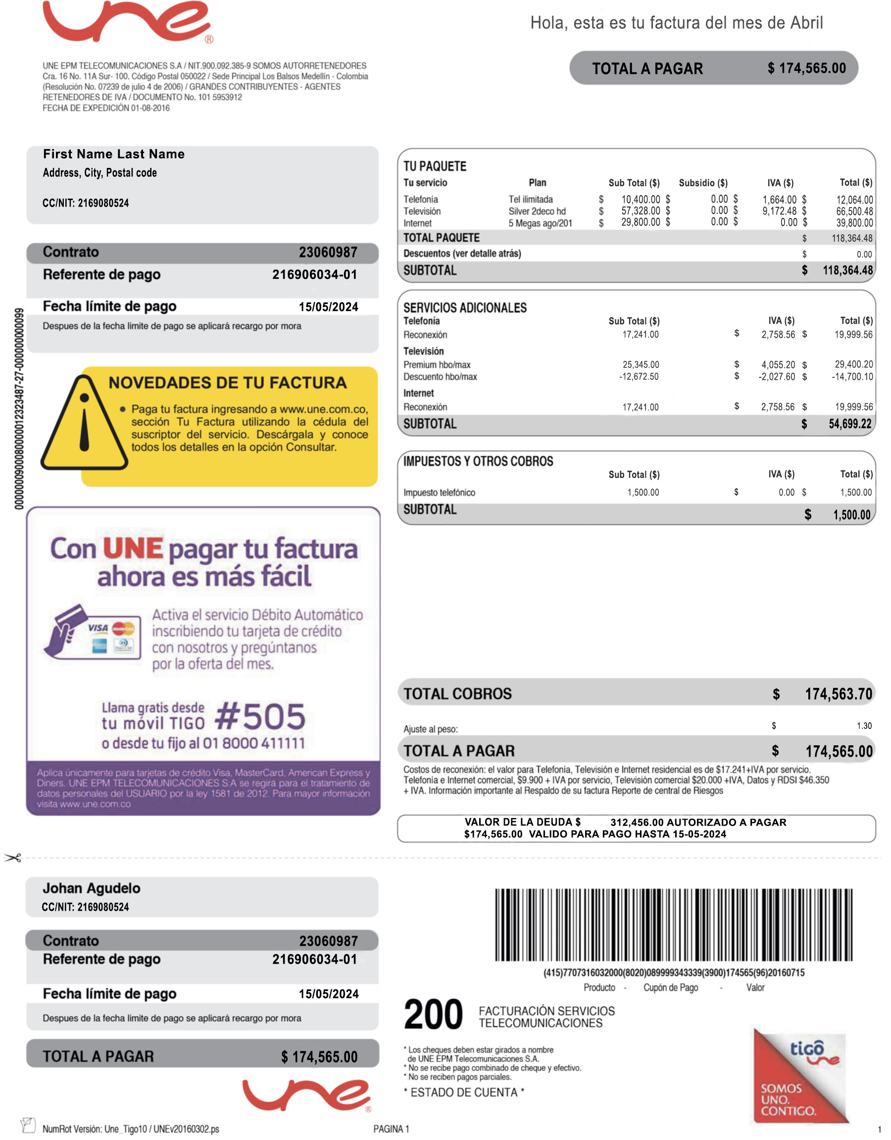Colombia UNE EPM Telecomunicaciones PSD utility bill